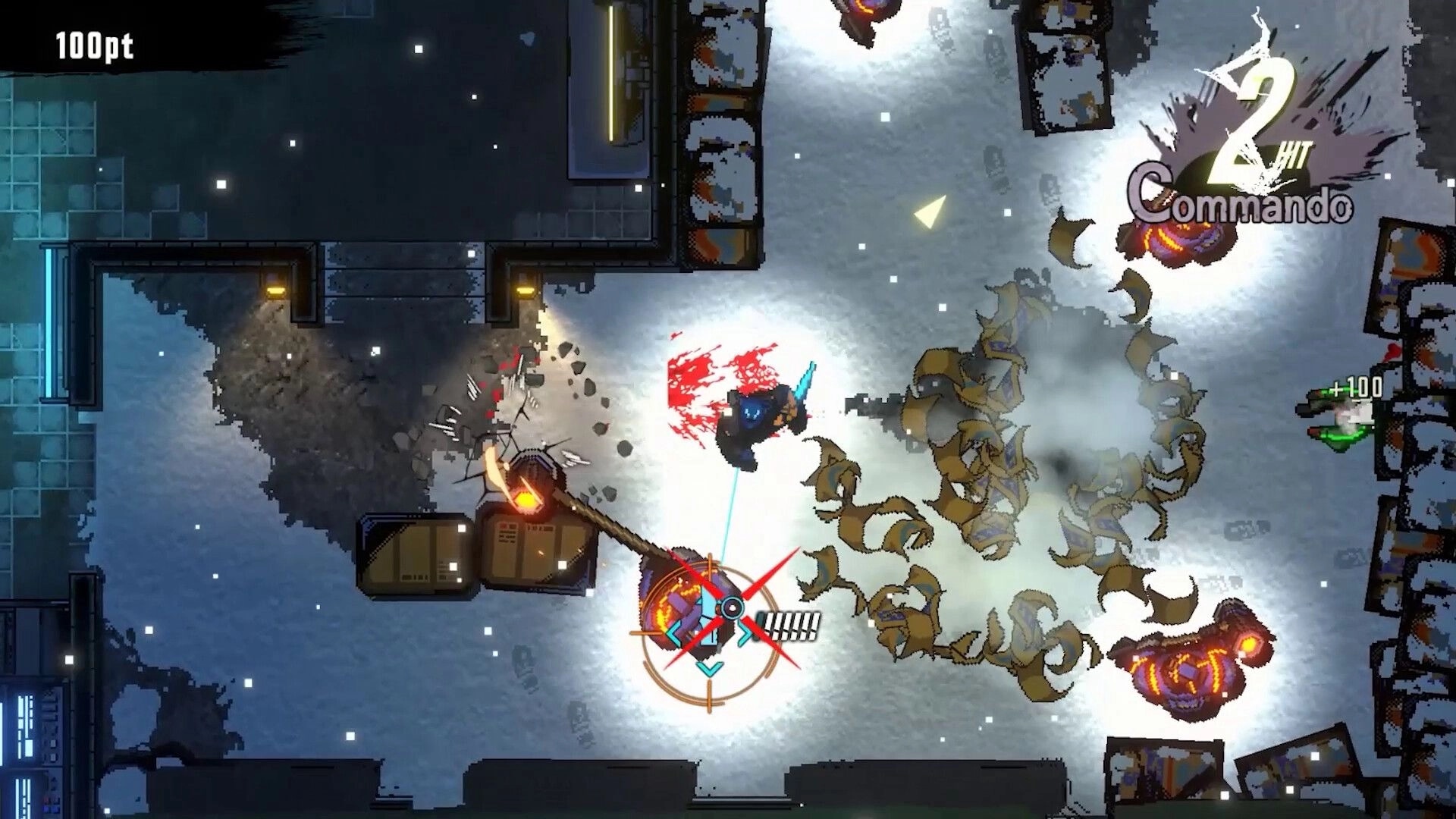 Kusan: Player slashes enemies as 2-hit Commando pops up in a snowy alley with crates and turrets.