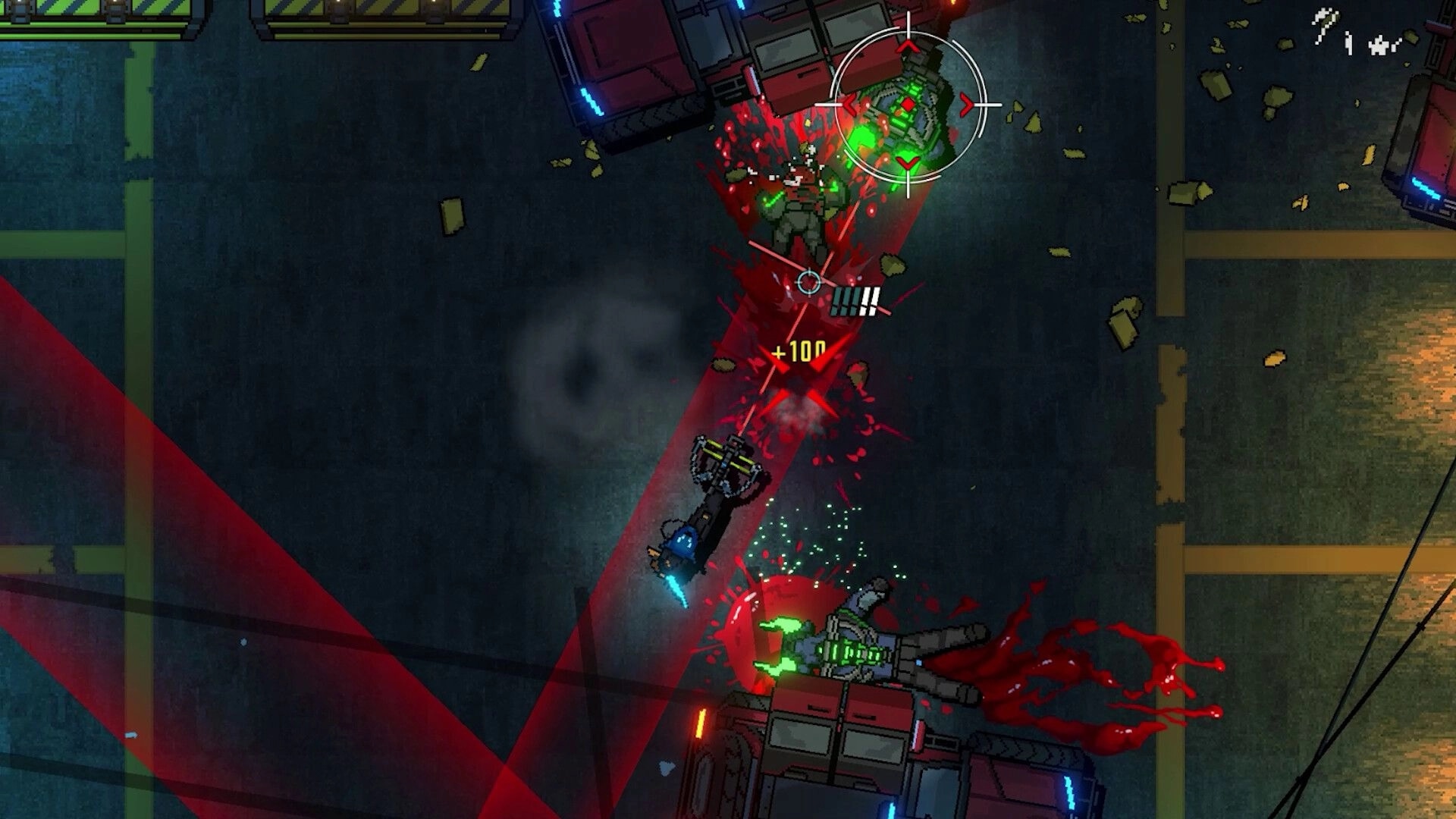 Kusan: Player fires at armored foes on city street, blood splatter, crosshair and +100 score popup.