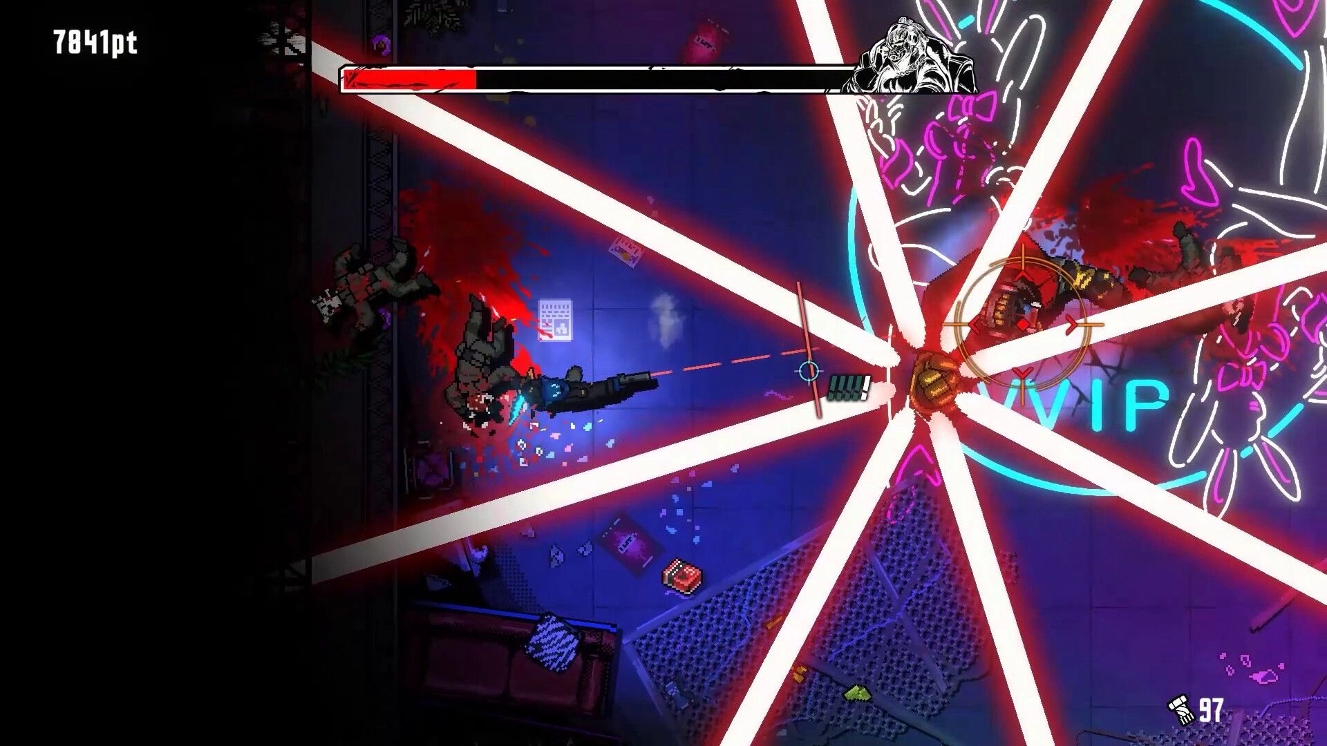 Kusan: Top-down firefight with crosshair and score UI in neon VIP club, laser beams and blood splatter.