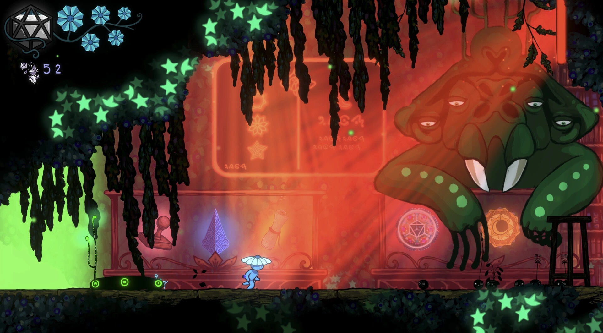 Kuzo: Blue mushroom-hat character explores neon cavern under vines beside a huge sleepy monster UI counter 52.