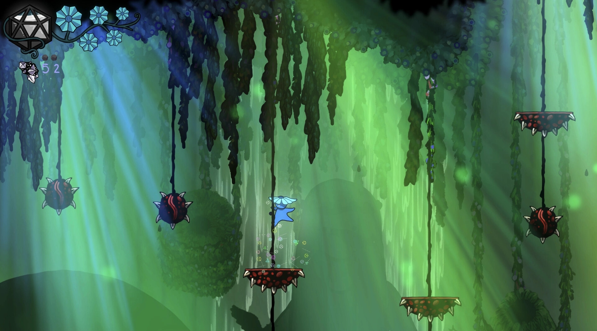 Kuzo: Blue cloaked character jumps between spiked platforms in misty green cave with HUD icons.