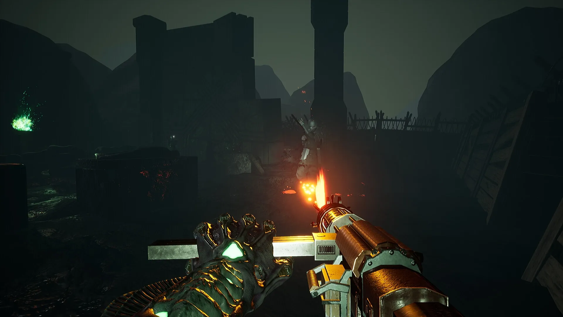 KVLT: Player fires glowing gun at enemy soldier in dark fortress with green flame on wall