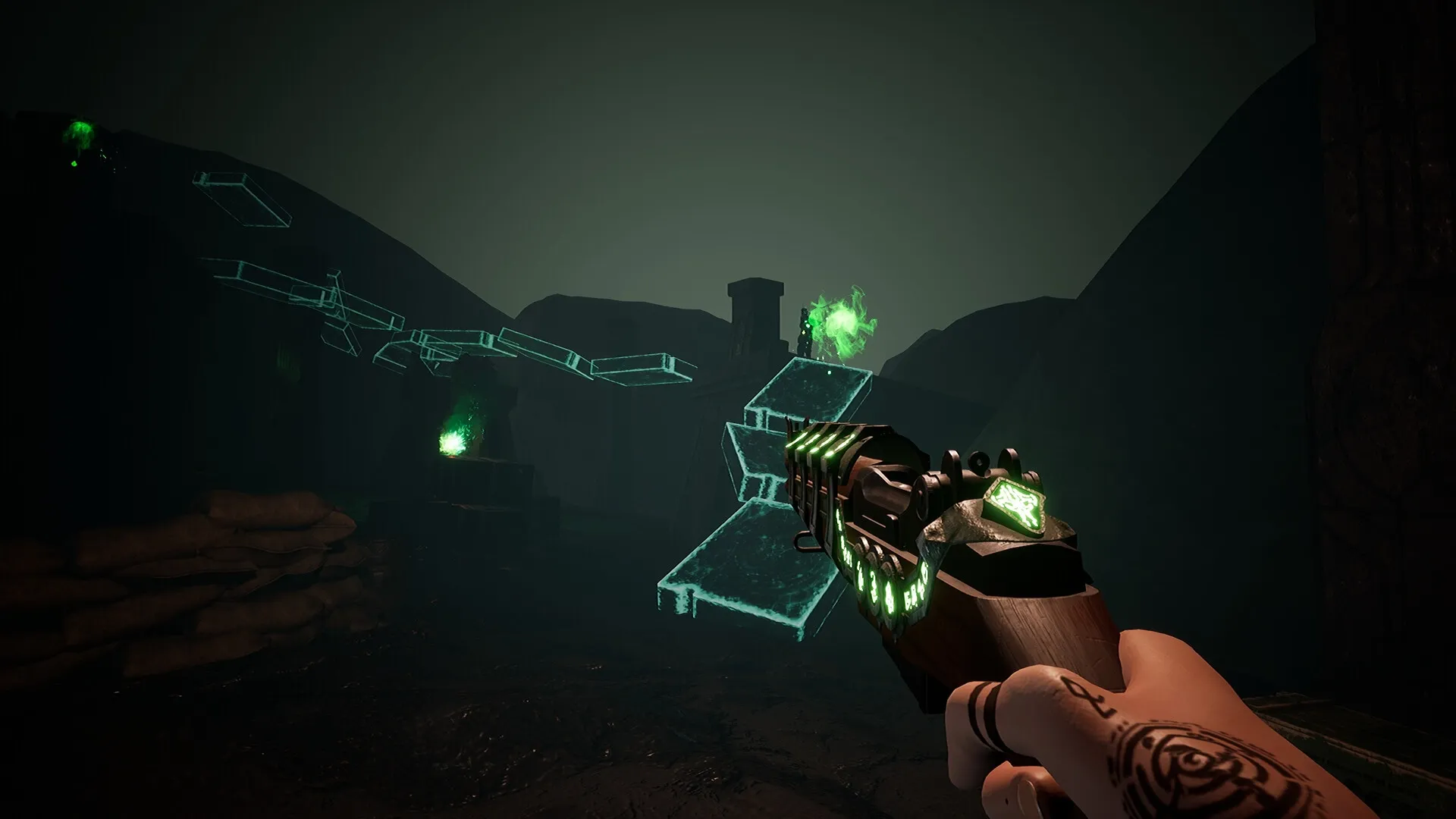 KVLT: Player aiming a glowing green gun at floating platforms in a dark, mountainous environment