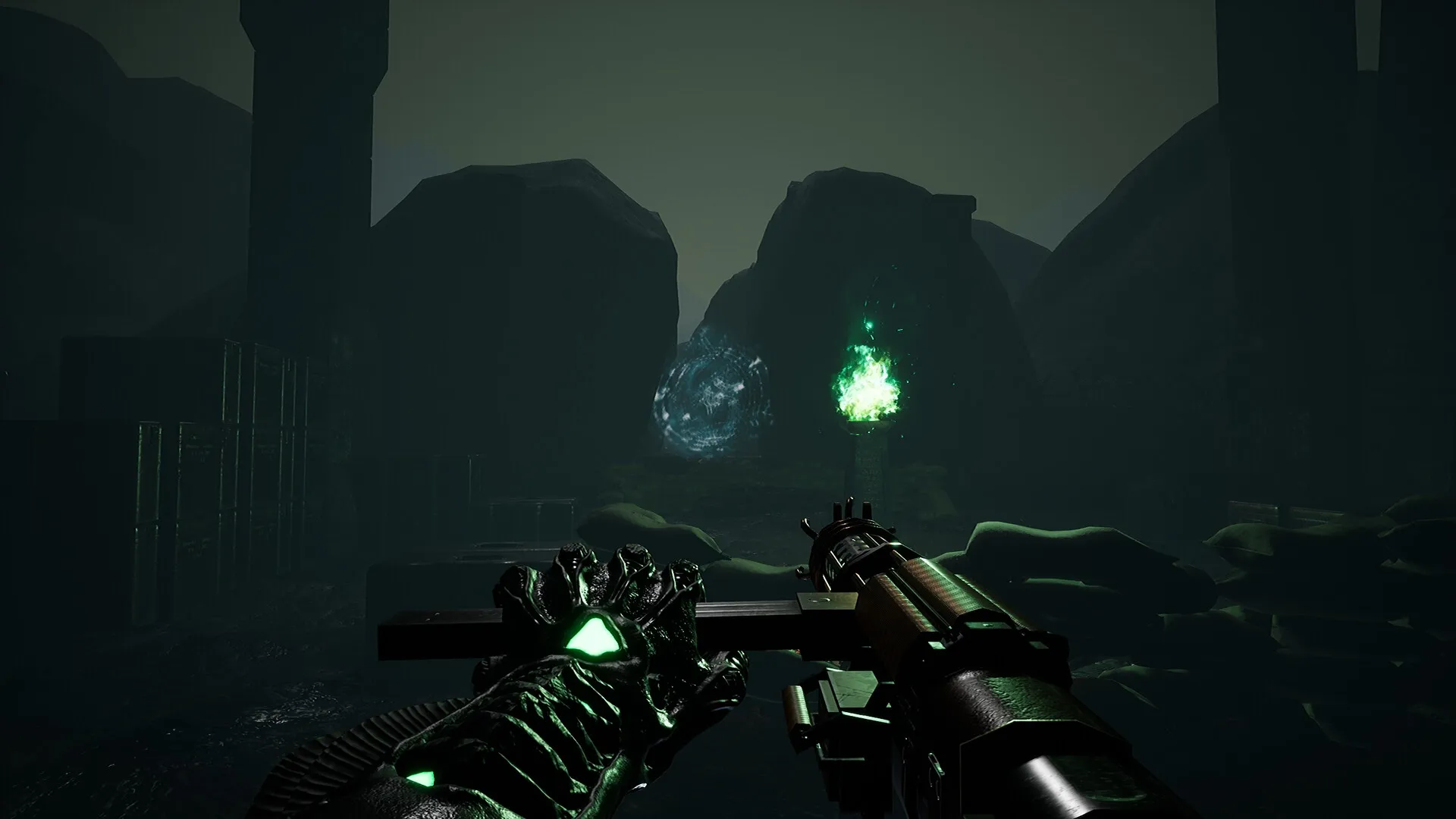 KVLT: First-person view aiming rifle at glowing portal in dark cavern with eerie green flame