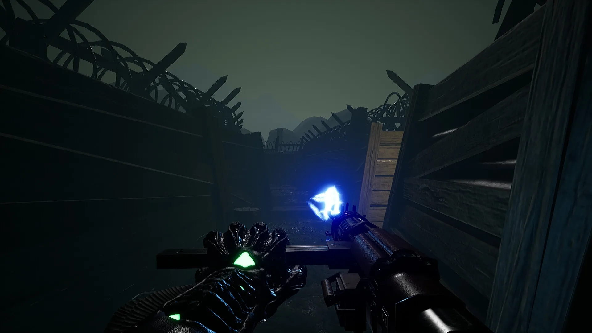 KVLT: First-person view holding glowing weapon in dark trench with barbed wire under dim sky