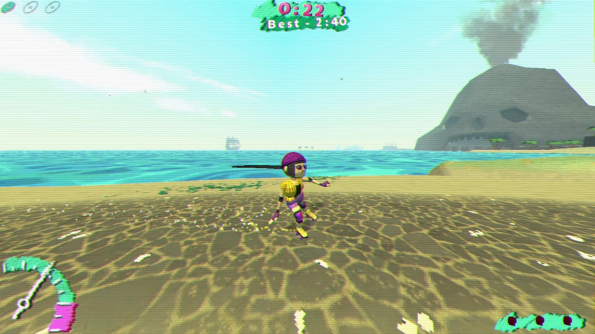 L8R SK8R: Skater performing tricks on a sandy beach with ocean and volcano in the background.