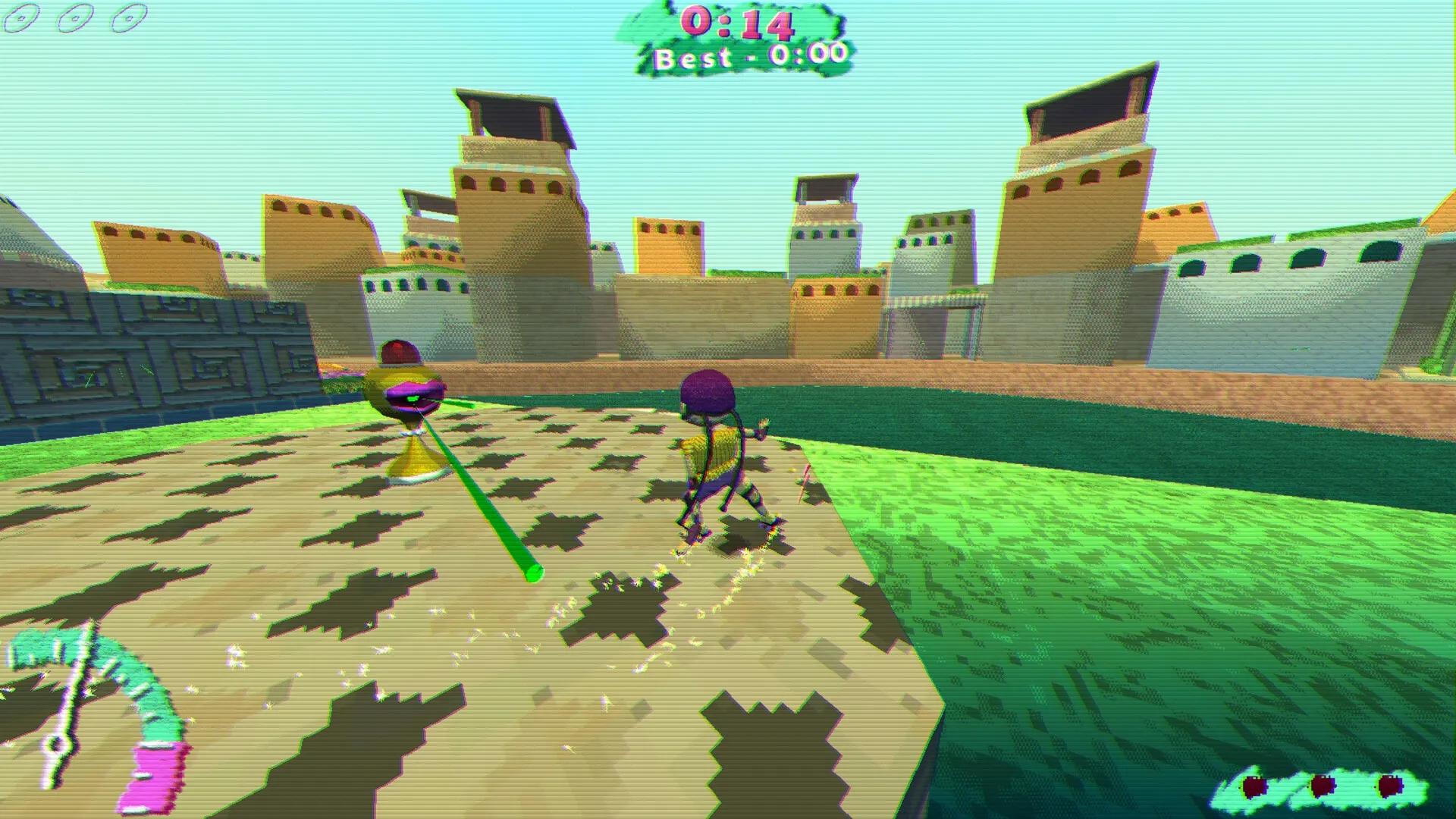 L8R SK8R: Skater dodges obstacles on patterned platform with timer and best score in ancient city setting