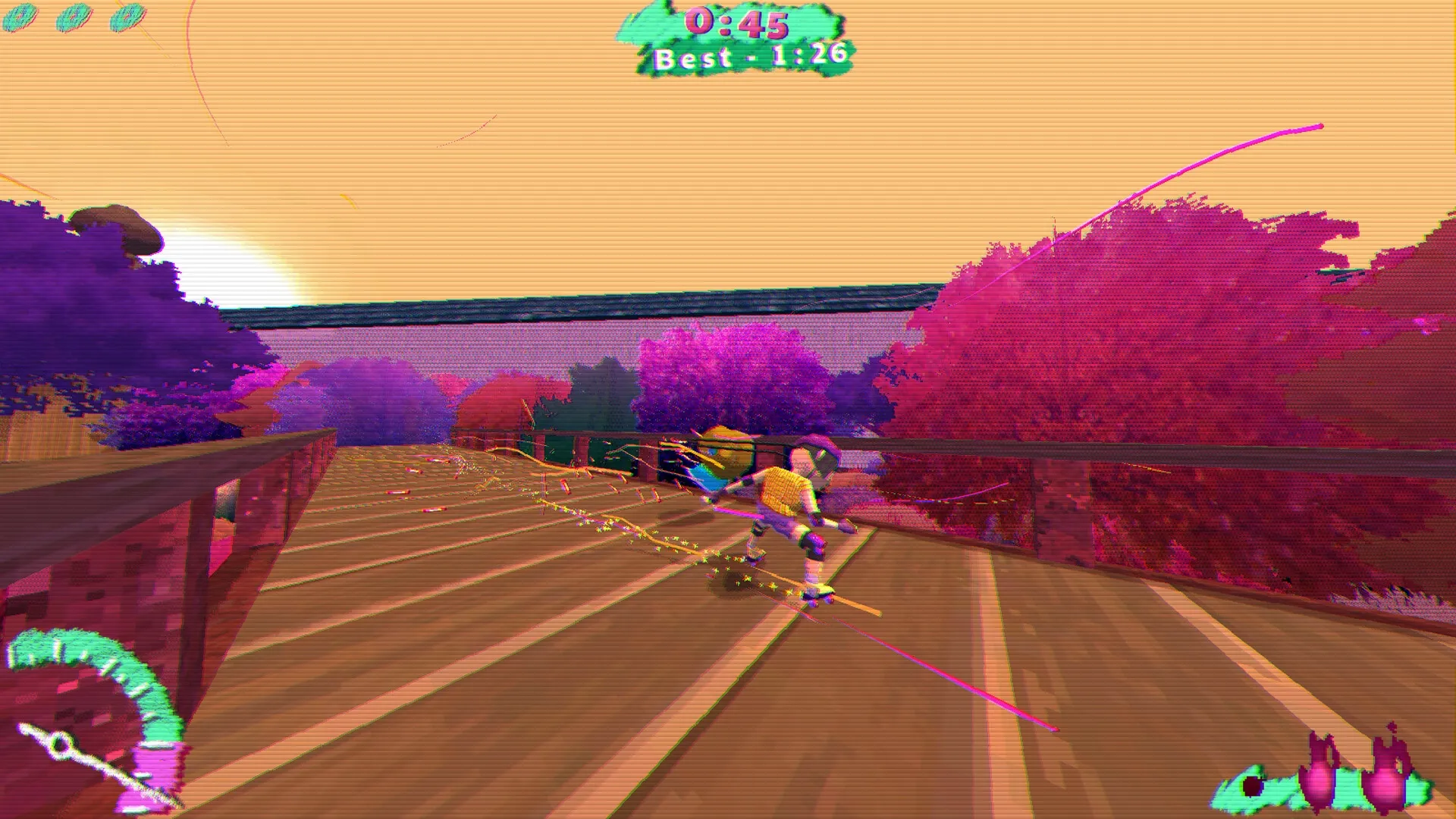 L8R SK8R: Player skateboarding on a wooden bridge with vibrant trees and sunset in the background