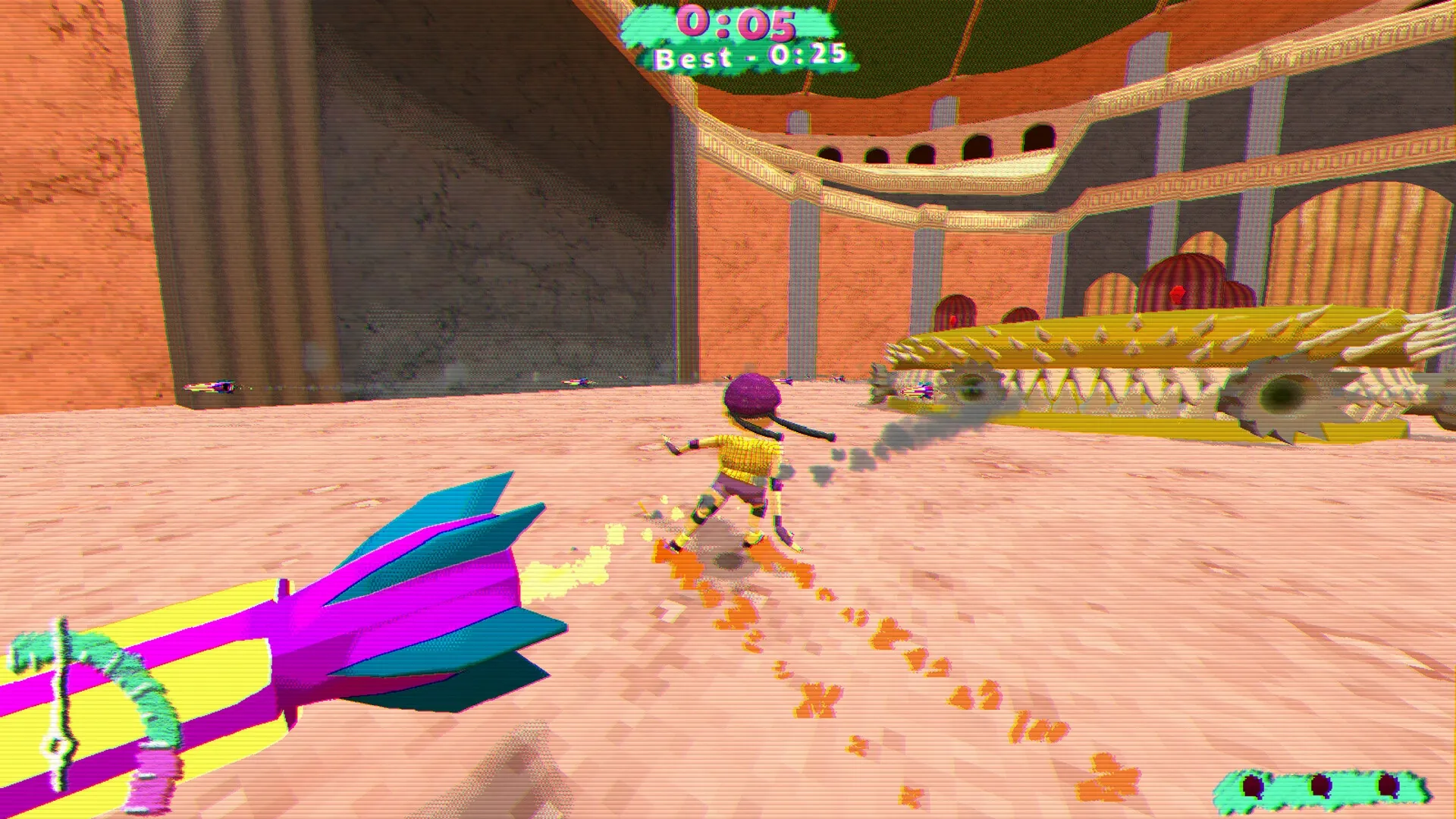 L8R SK8R: Player skates towards spiked obstacle in desert arena with timer displayed on screen