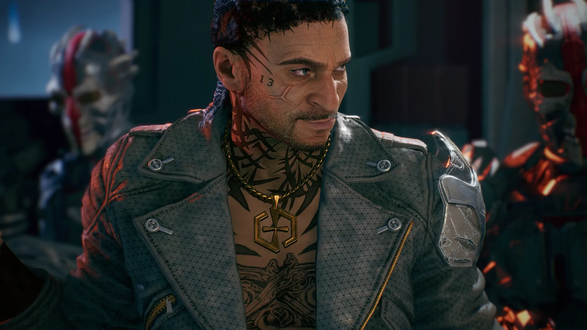 La Quimera: Close-up of a tattooed character with futuristic armor in a dimly lit room with masked figures.