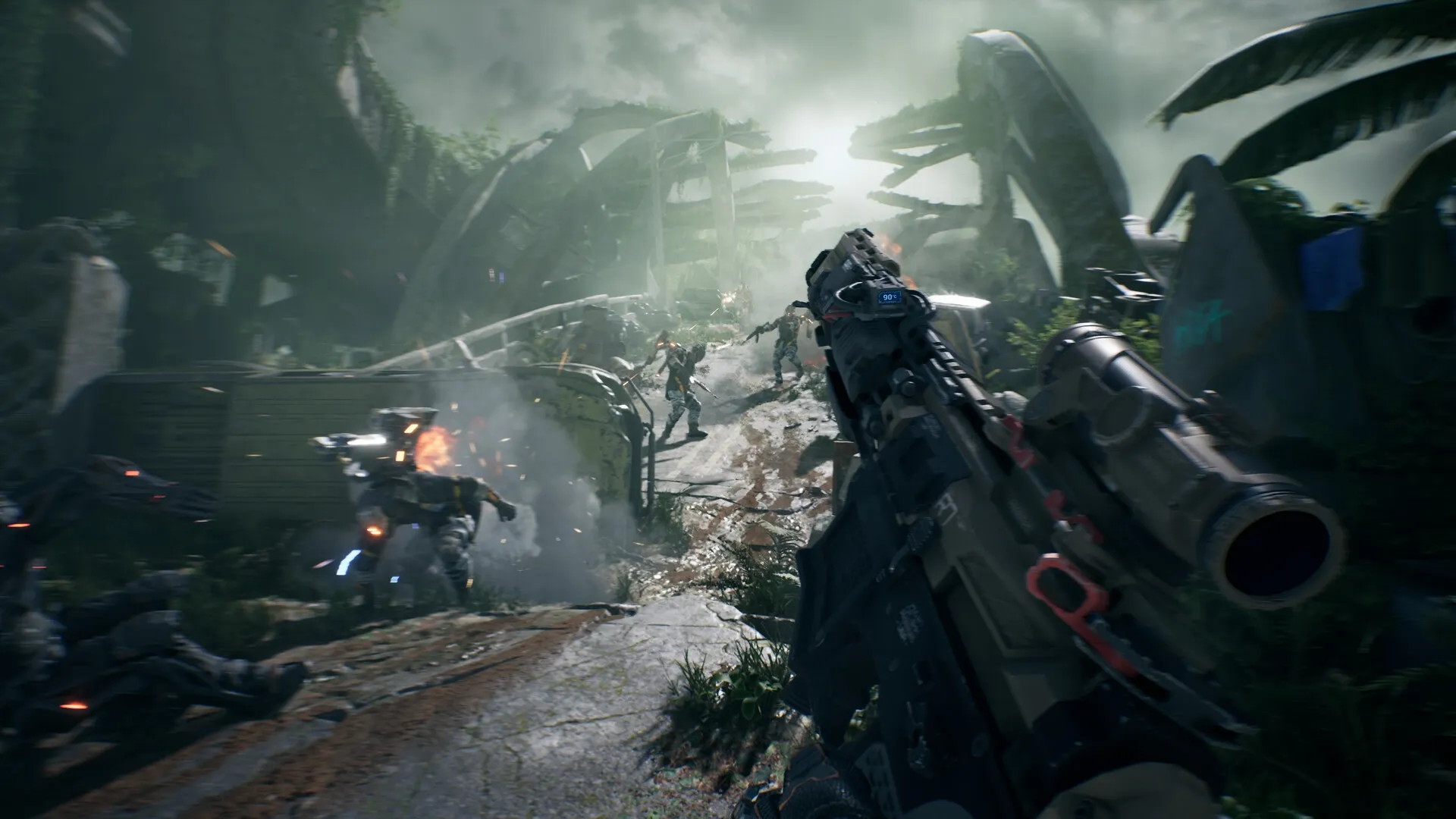 La Quimera: First-person combat with futuristic rifle amidst ruined structures and advancing enemies