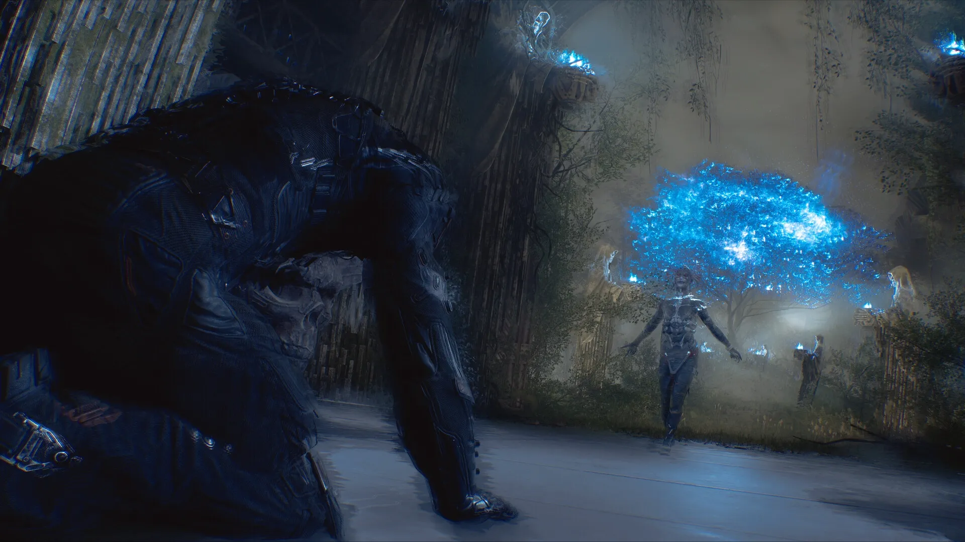 La Quimera: Operative kneeling in front of glowing blue tree with mysterious figures in dark forest setting.