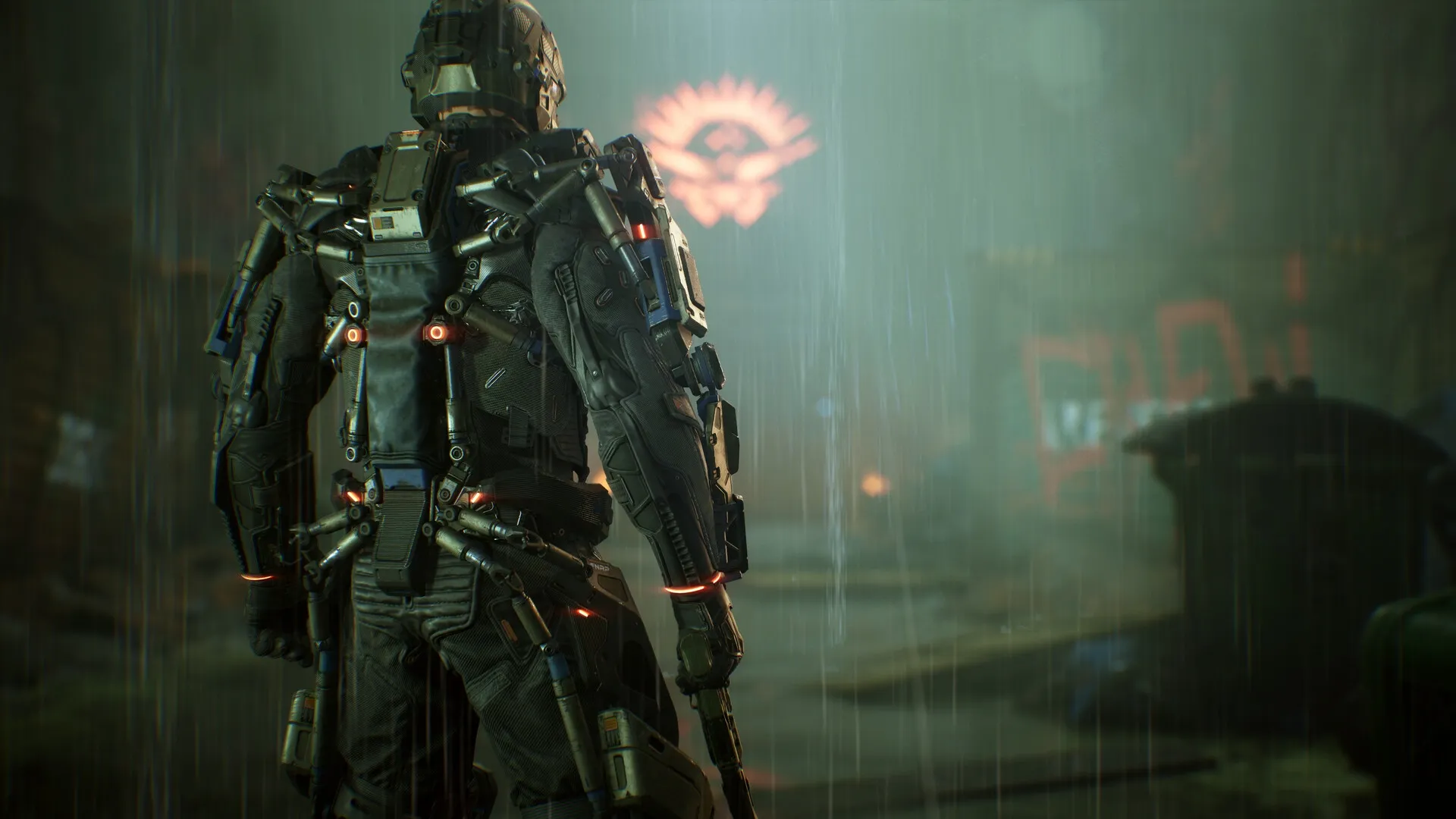 La Quimera: Operative in exoskeleton stands in rainy, dystopian alley with neon symbol in background