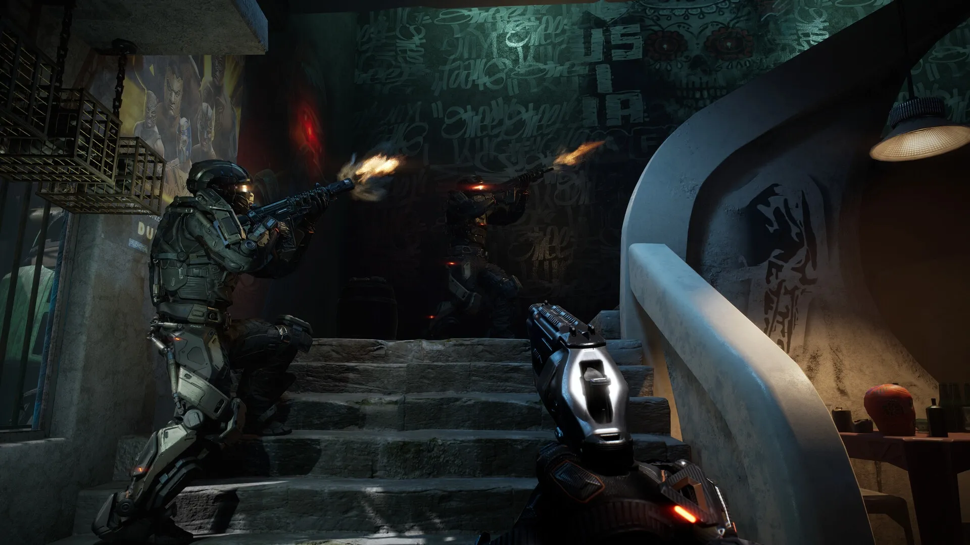 La Quimera: Intense stairway firefight with armored operatives in graffiti-covered urban environment