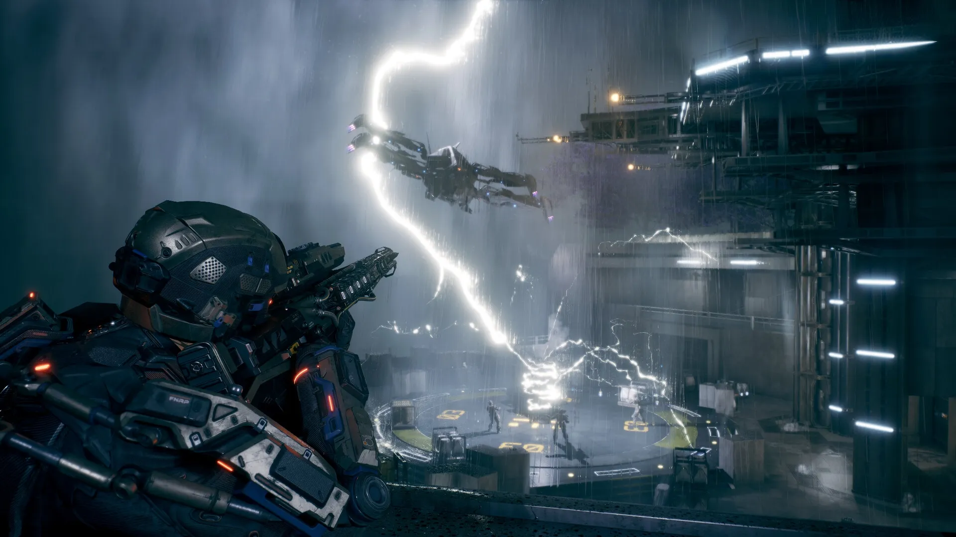 La Quimera: Operative aiming rifle at drone amidst stormy rooftop battle in futuristic microstate.