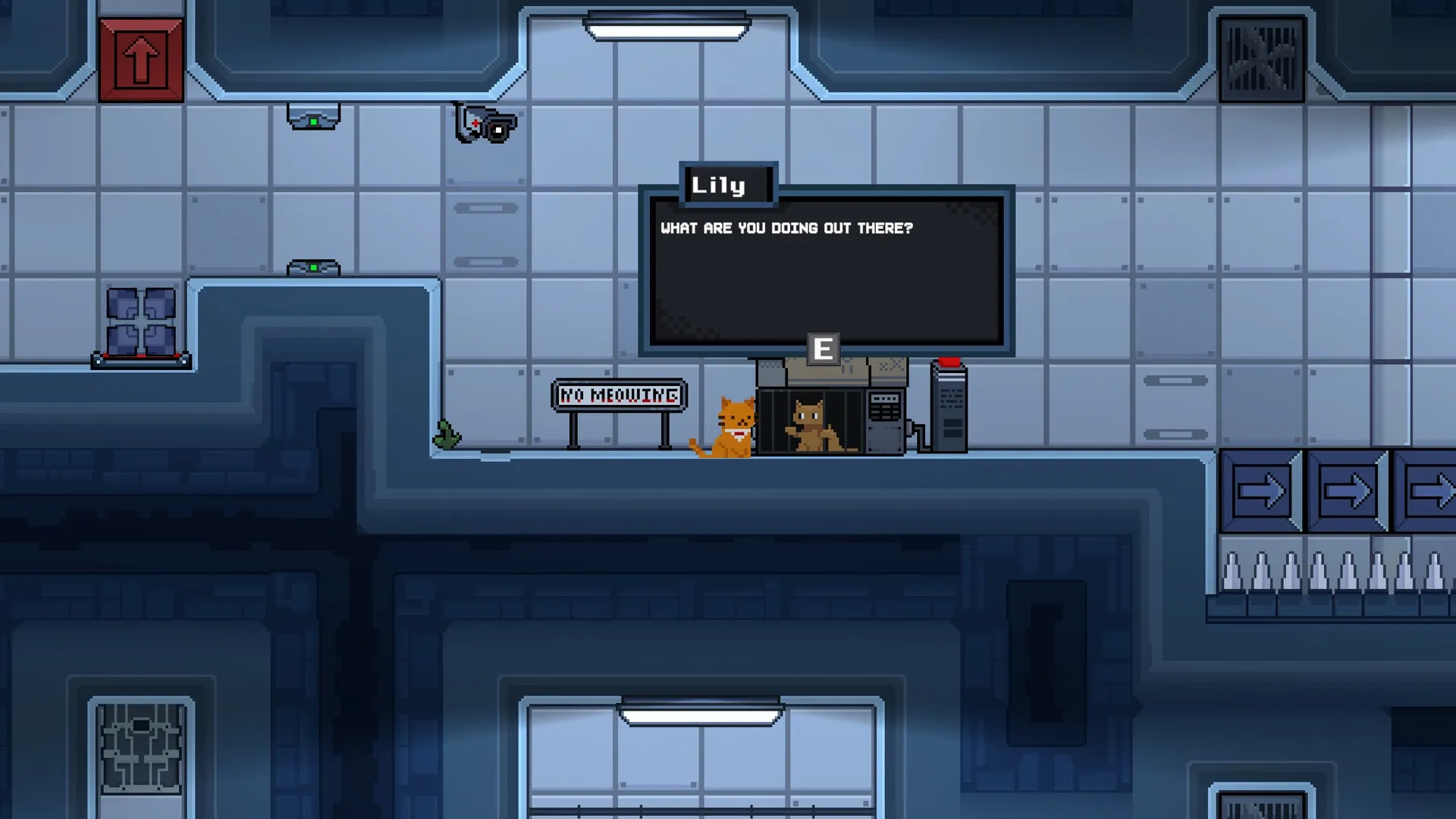Lab Cats: Two cats converse near a "No Meowing" sign in a tiled lab with a dialogue box from Lily.