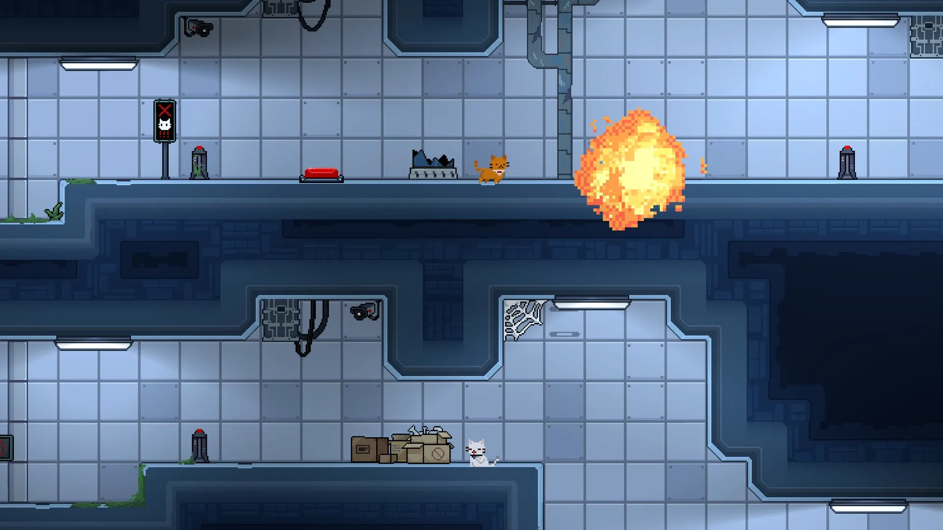 Lab Cats: Orange cat dodges explosion in futuristic lab with buttons and security cameras