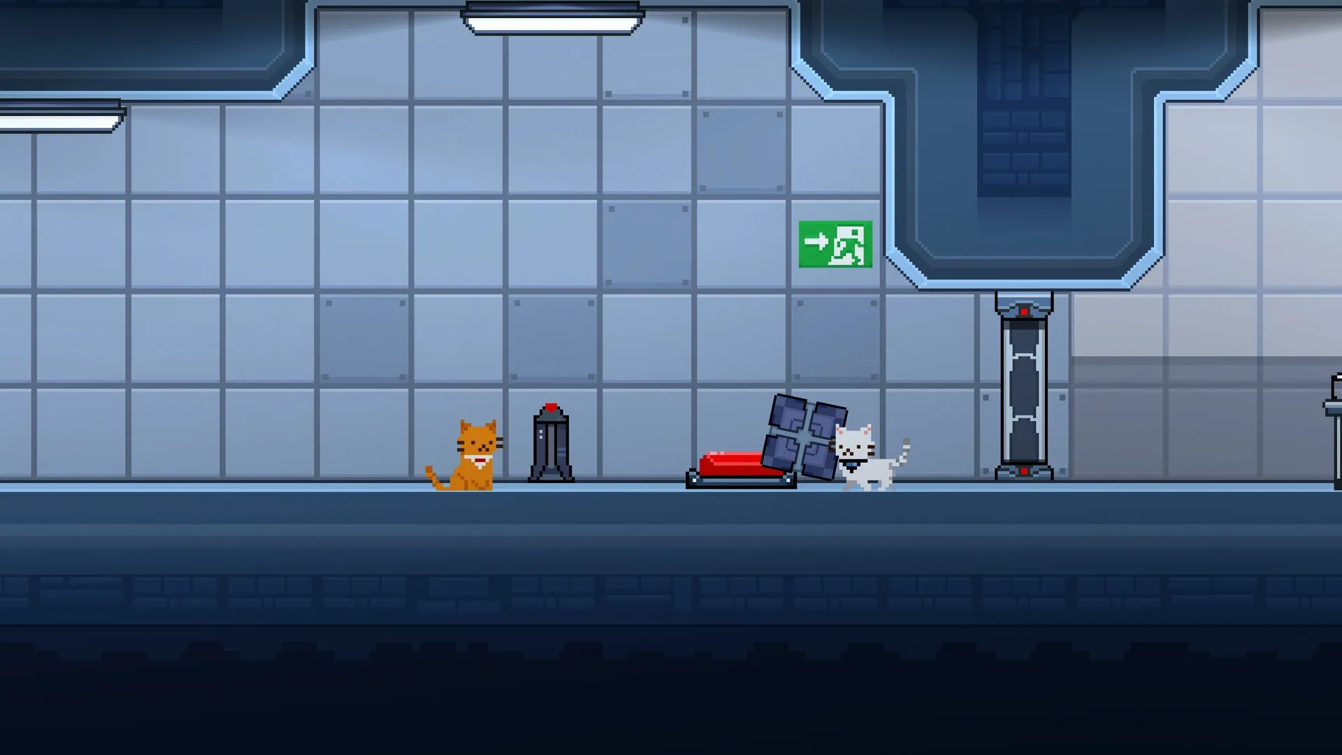 Lab Cats: Two cats cooperate to solve puzzle with buttons and blocks in a futuristic lab environment
