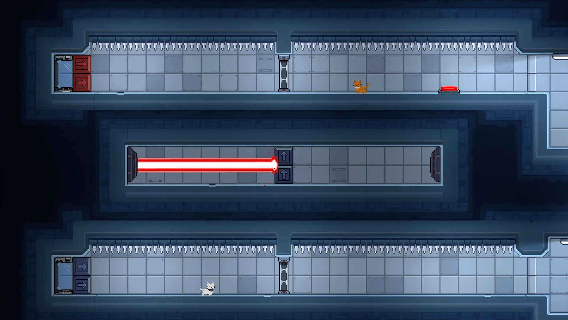 Lab Cats: Orange and white cats navigating platform levels with spikes and red laser barriers