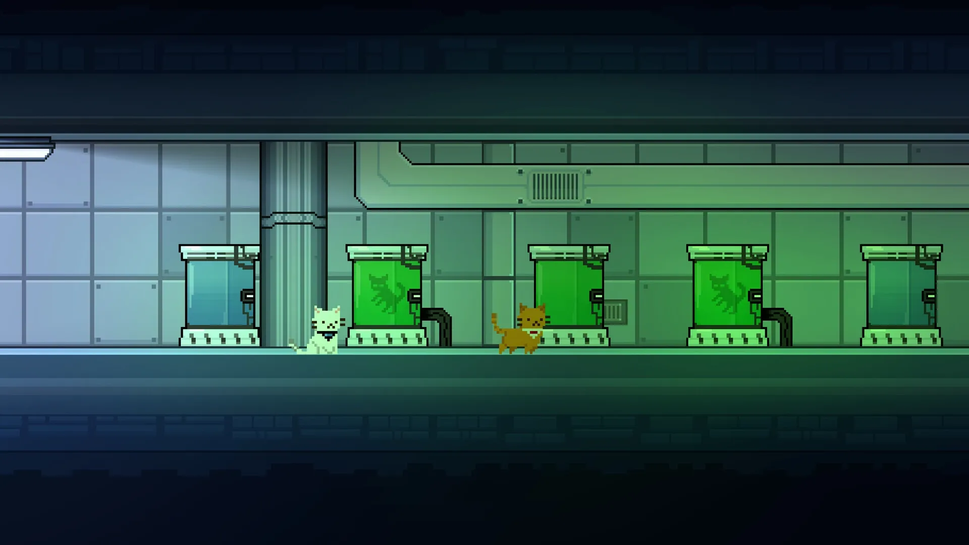 Lab Cats: Two cats exploring a laboratory hallway lined with glowing green experiment tanks