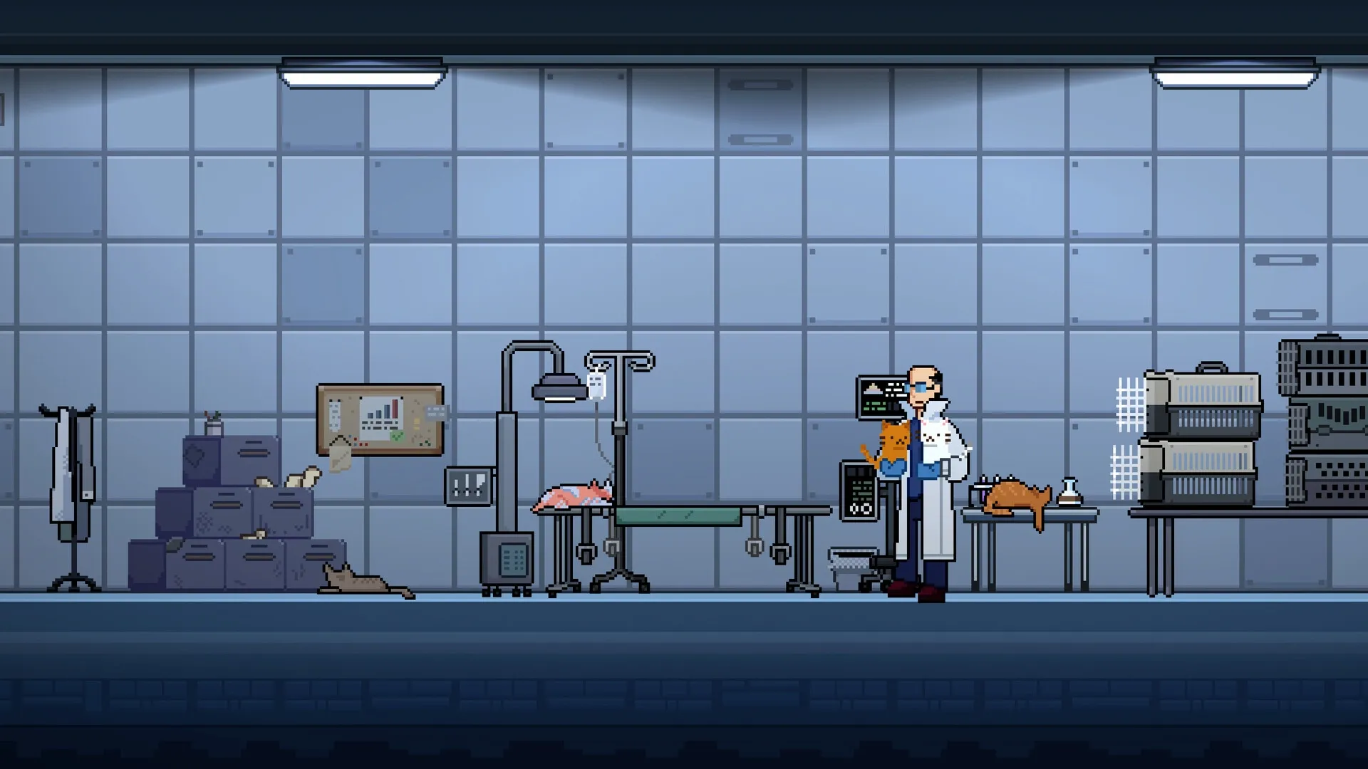 Lab Cats: Scientist holding orange cat in lab with test equipment, charts, and resting cats nearby.