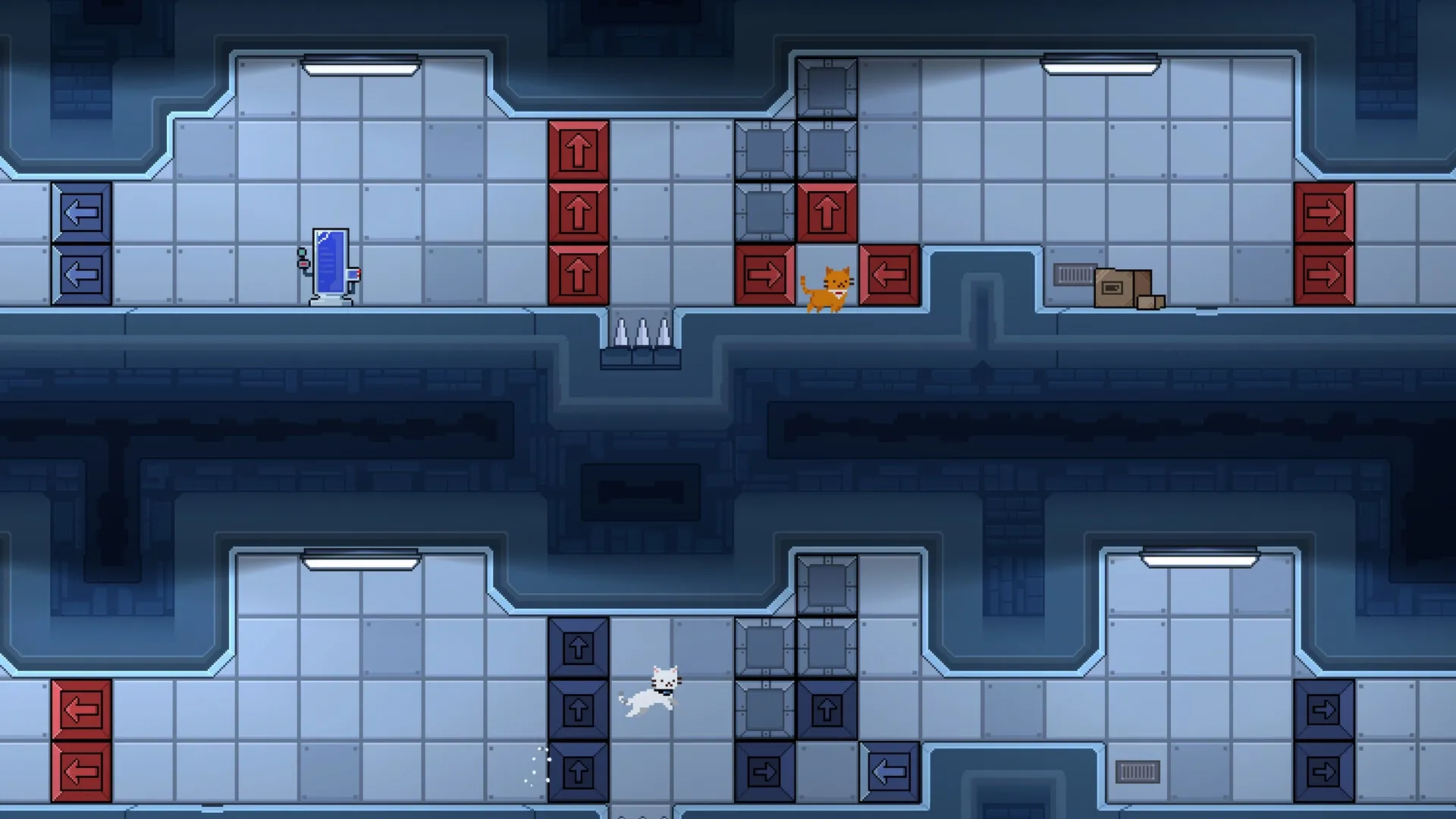 Lab Cats: Two cats navigate puzzle-filled lab corridors with directional blocks and obstacles