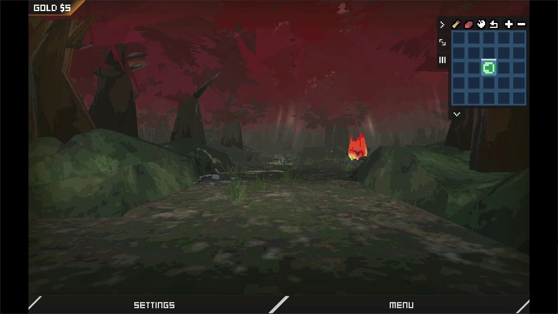 Labyrinth Trailblazer: Navigate dark forest path with red sky, mini-map, and settings menu visible.