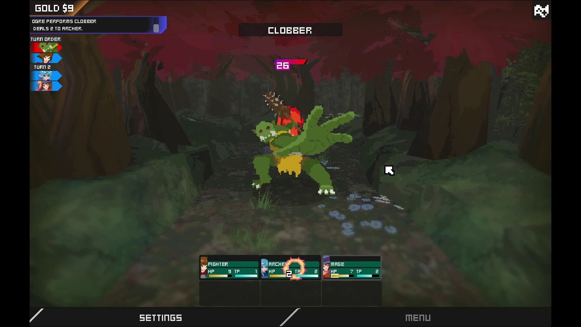 Labyrinth Trailblazer: Ogre clobbers Archer in forest, party status and turn order displayed in UI