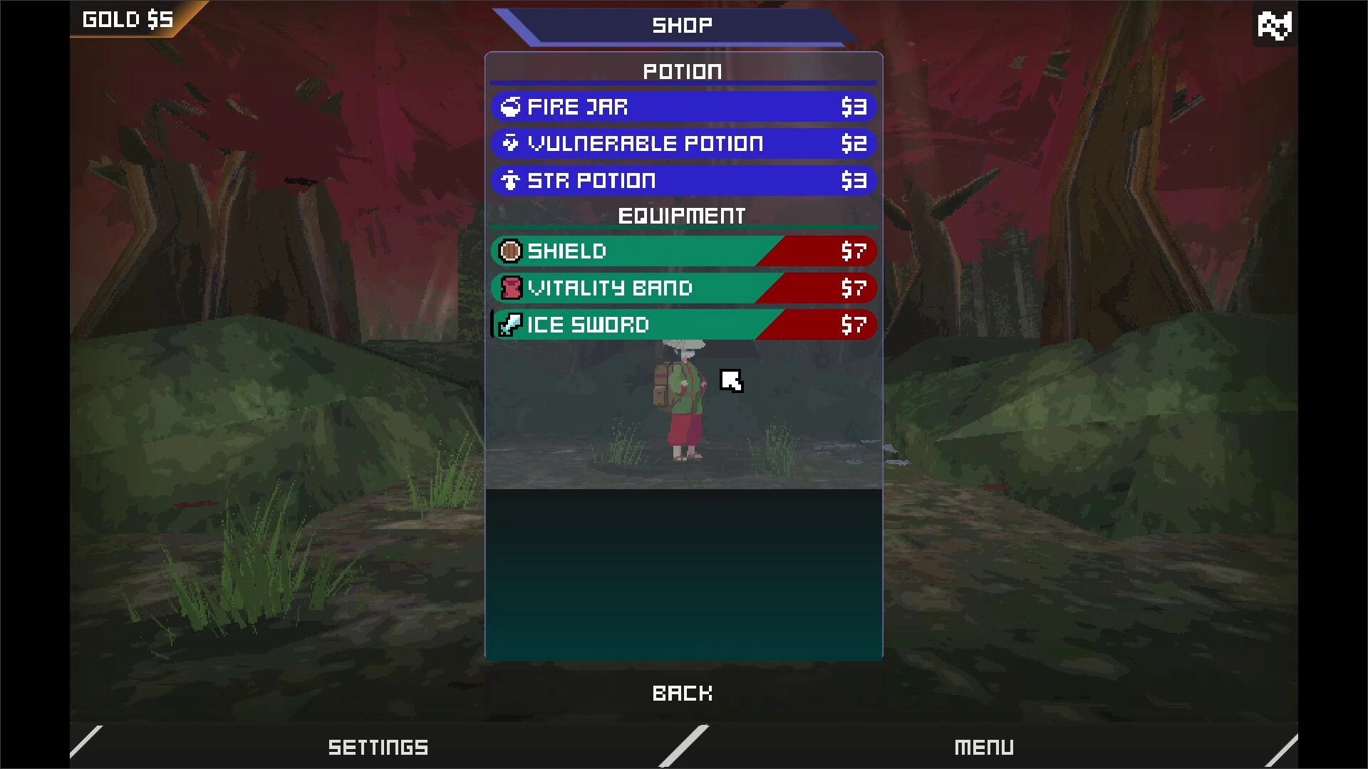 Labyrinth Trailblazer: Shop interface with potions and equipment in a dark, pixelated forest setting