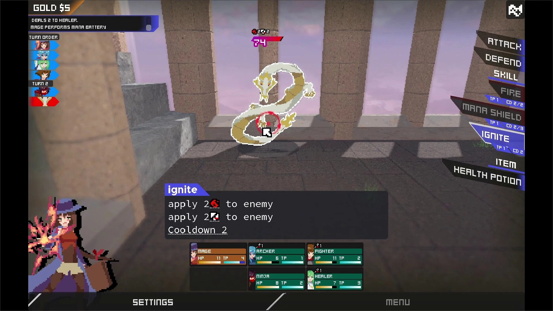 Labyrinth Trailblazer: Mage casting Ignite against serpent enemy in stone corridor during turn-based battle.