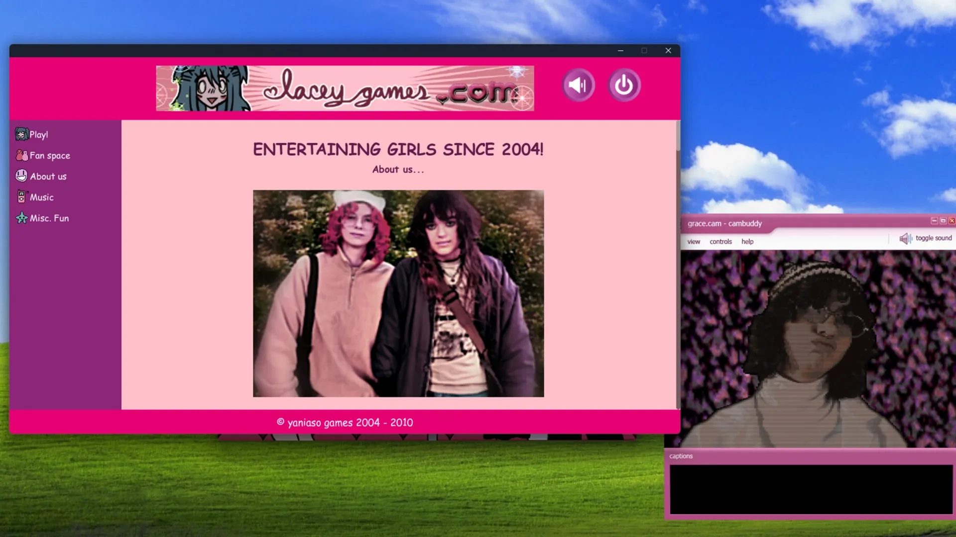 Lacey's Flash Games: Website homepage with menu and photo of two characters in a vintage style setting.