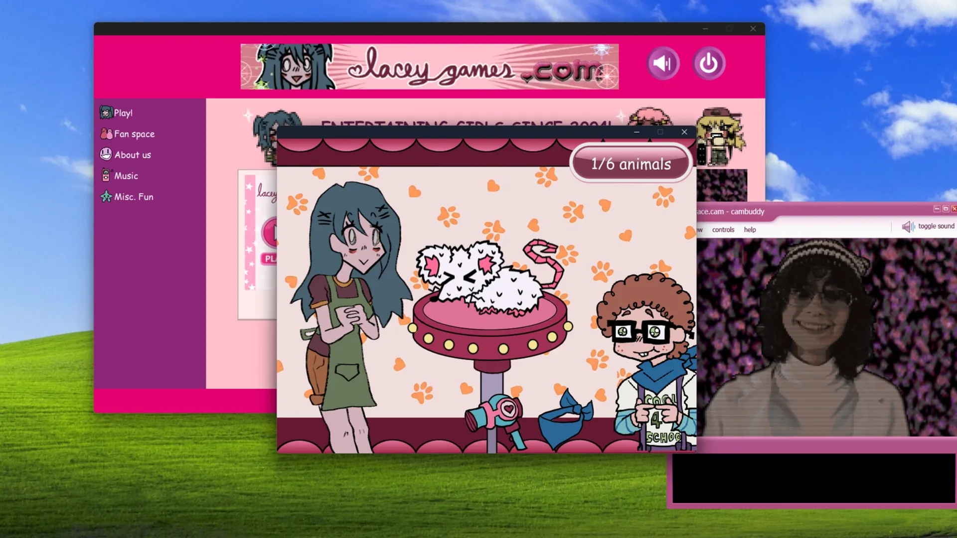 Lacey's Flash Games: Lacey and friend grooming a fluffy pet with a blow dryer in a colorful game interface