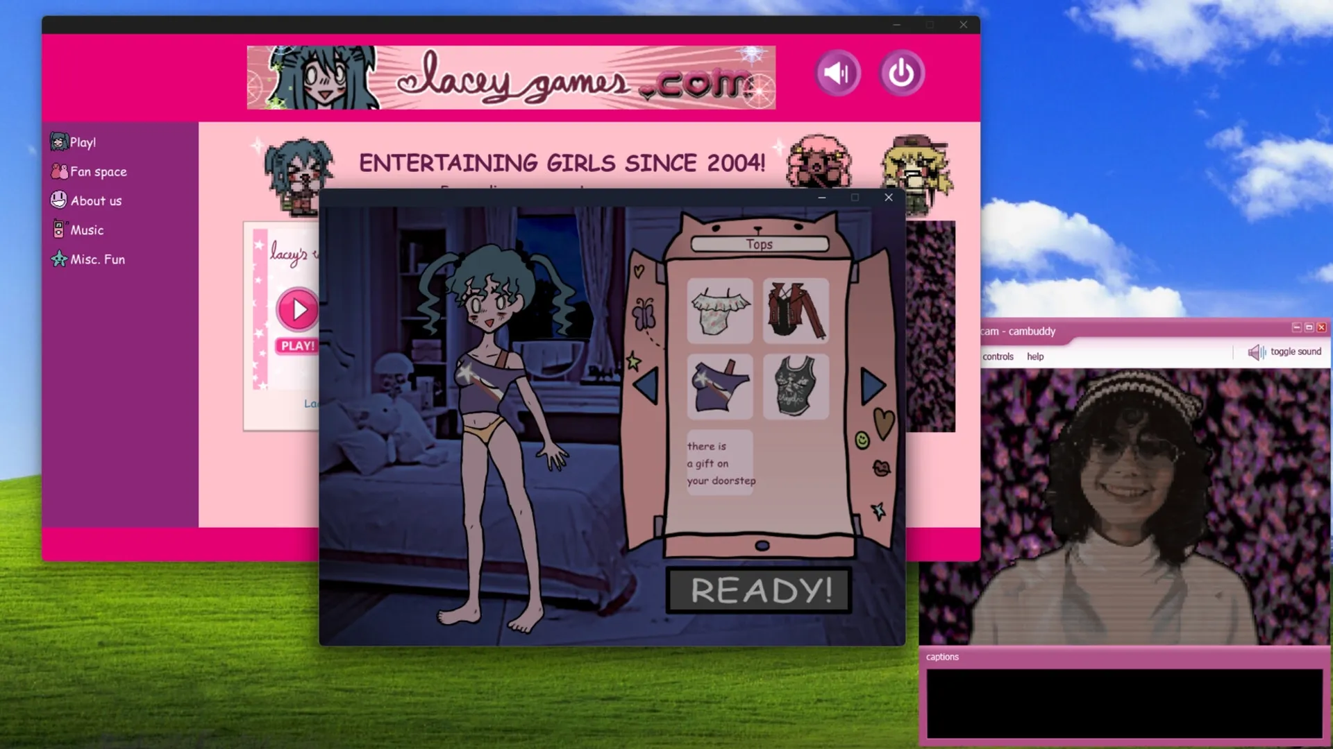 Lacey's Flash Games: Character outfit selection in dark bedroom with UI elements and webcam display