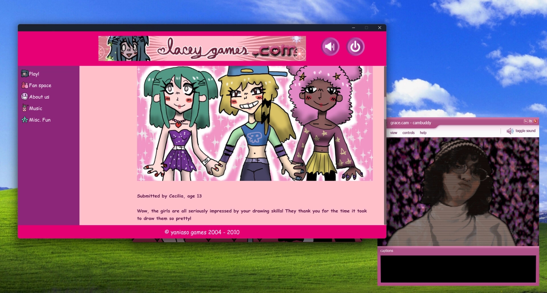 Lacey's Flash Games: Three cartoon girls holding hands on pink website, webcam window open below