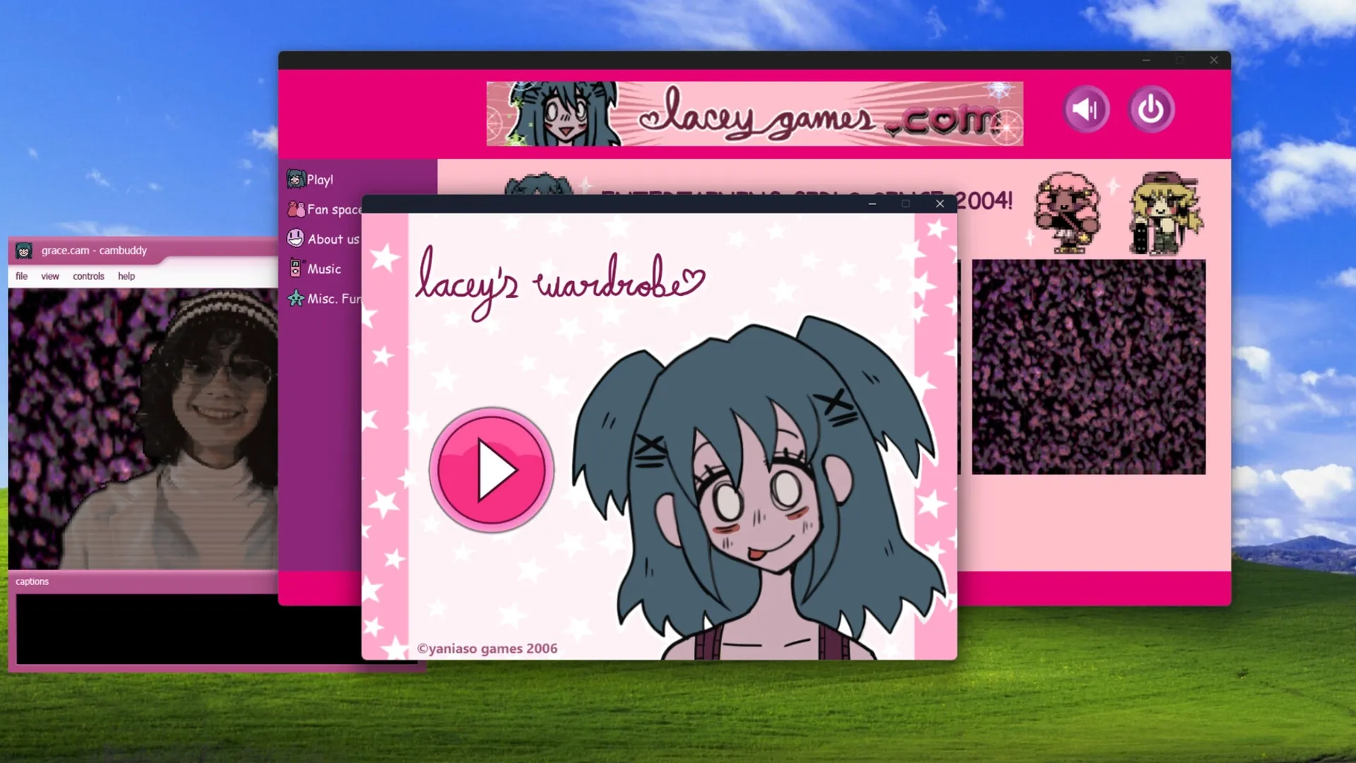 Lacey's Flash Games: Lacey's wardrobe game window open over pixel art and webcam preview on desktop background