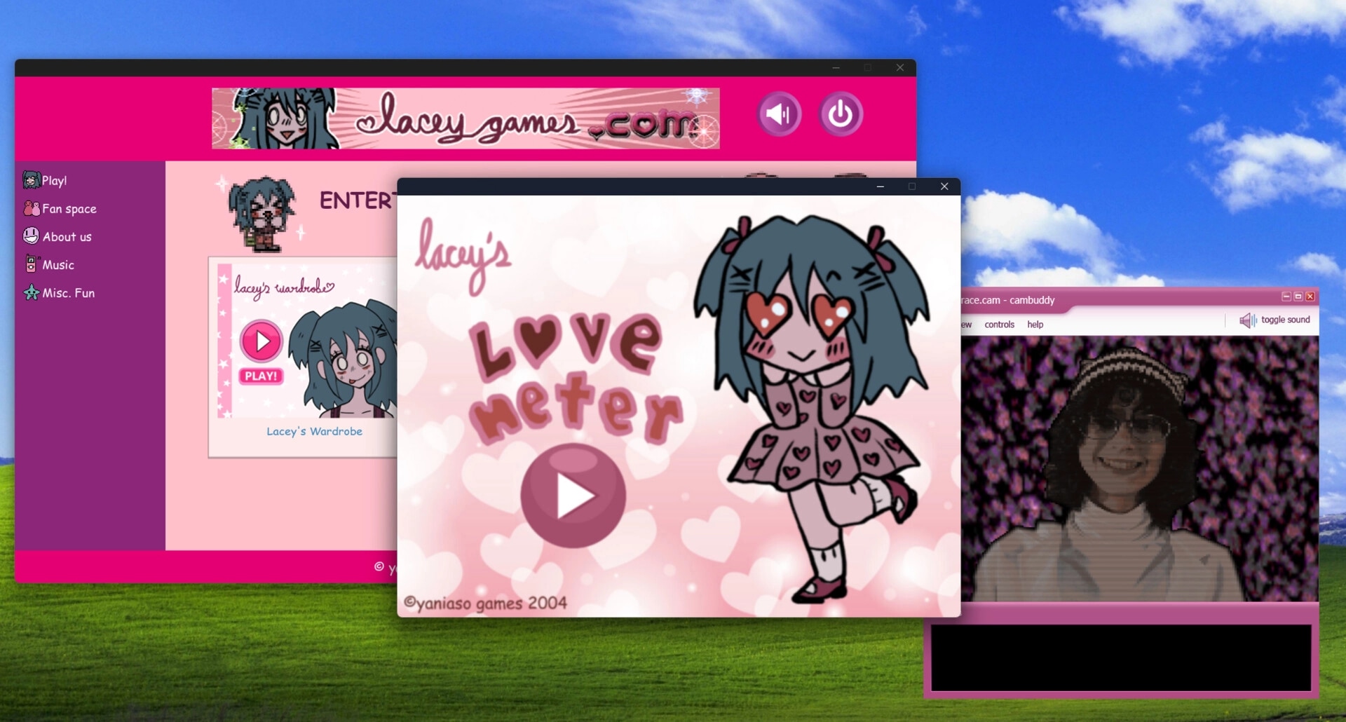 Lacey's Flash Games: Lacey's Love Meter game with character art and webcam interface on desktop background