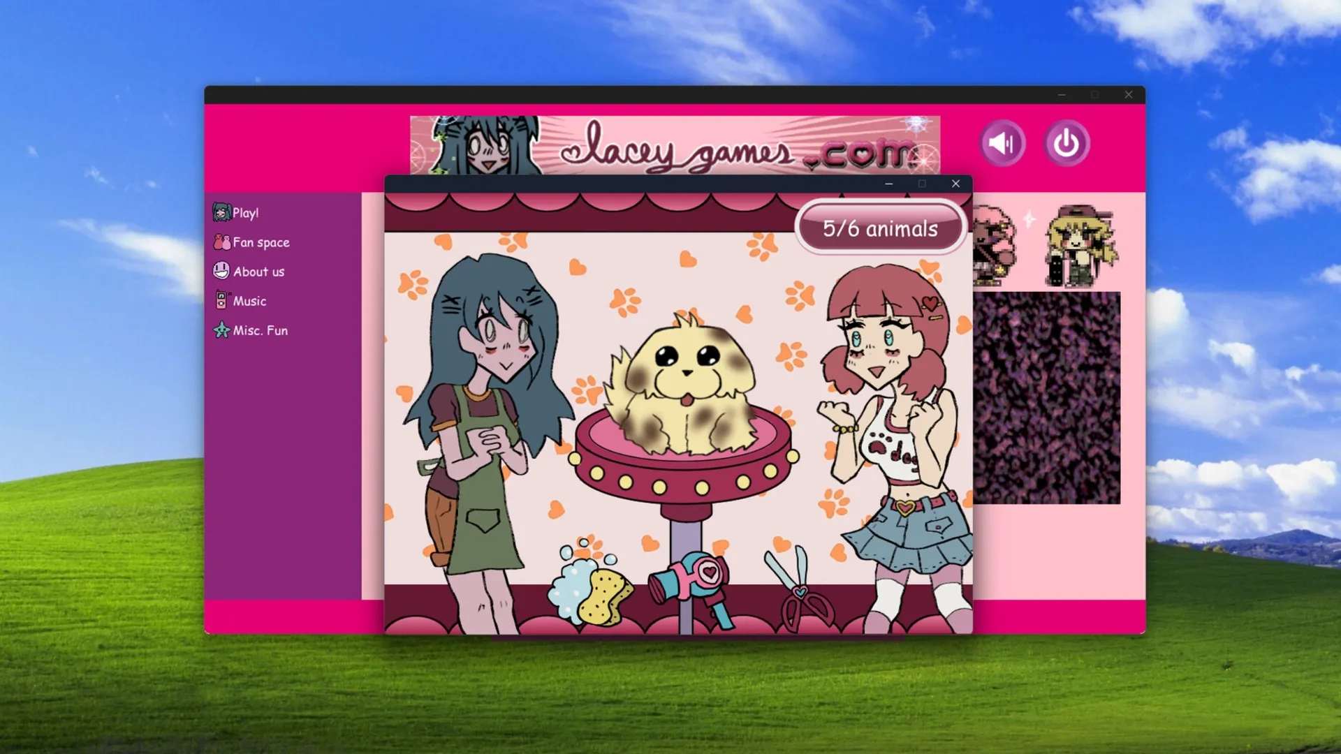 Lacey's Flash Games: Two girls grooming a fluffy pet on platform with tools in a colorful interface.