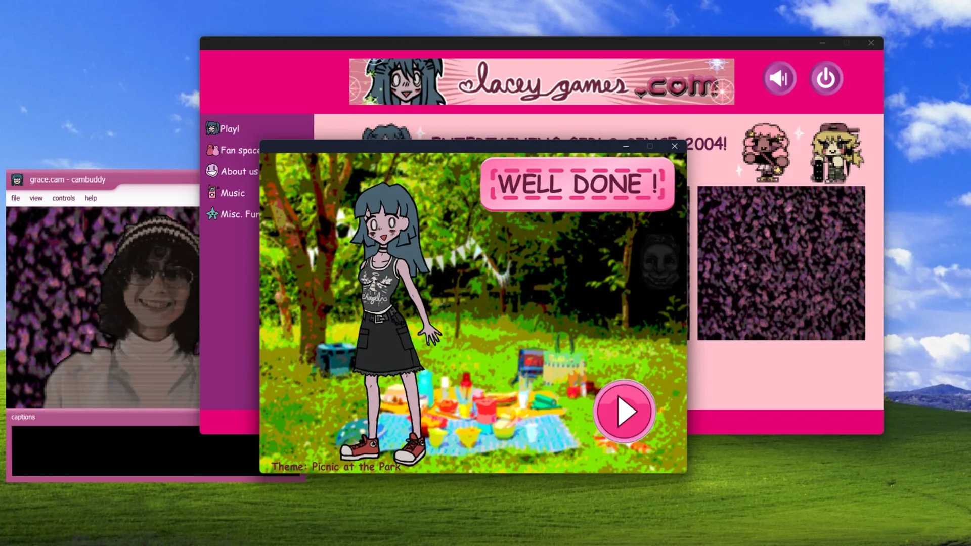 Lacey's Flash Games: Lacey stands in a vibrant park scene with "Well Done!" banner and play button visible.
