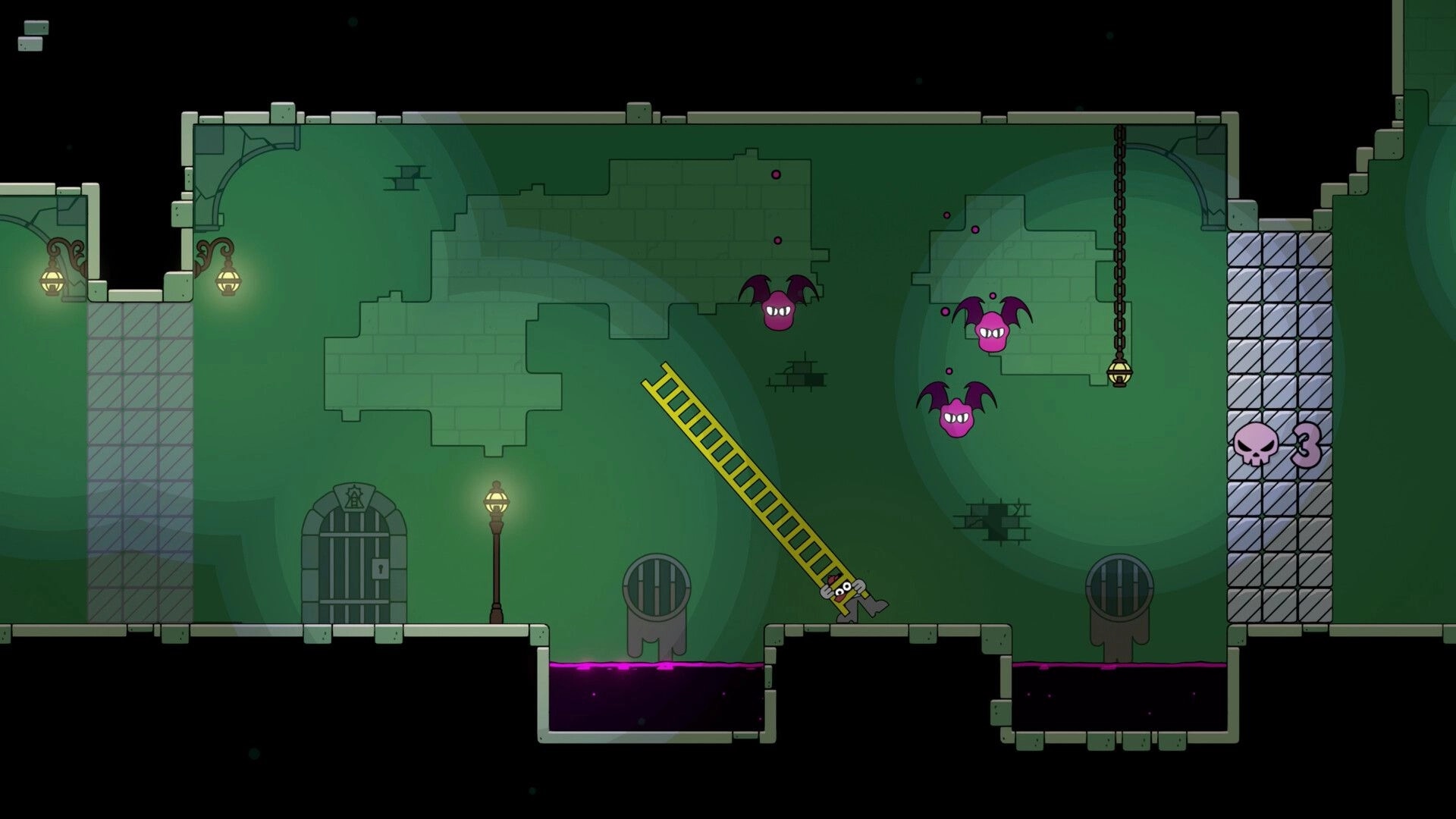 Ladder Lad: Player tilts a long yellow ladder to cross purple sludge in a green dungeon with bats.