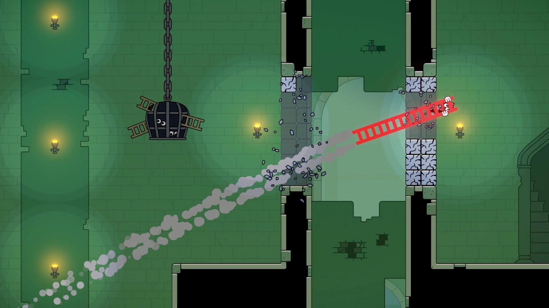 Ladder Lad: Red ladder character smashes through cracked blocks in torchlit green stone dungeon corridor.