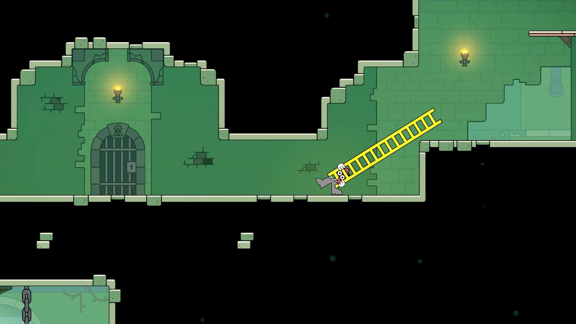 Ladder Lad: Player clings to a tilted yellow ladder in a green brick dungeon corridor with torches.