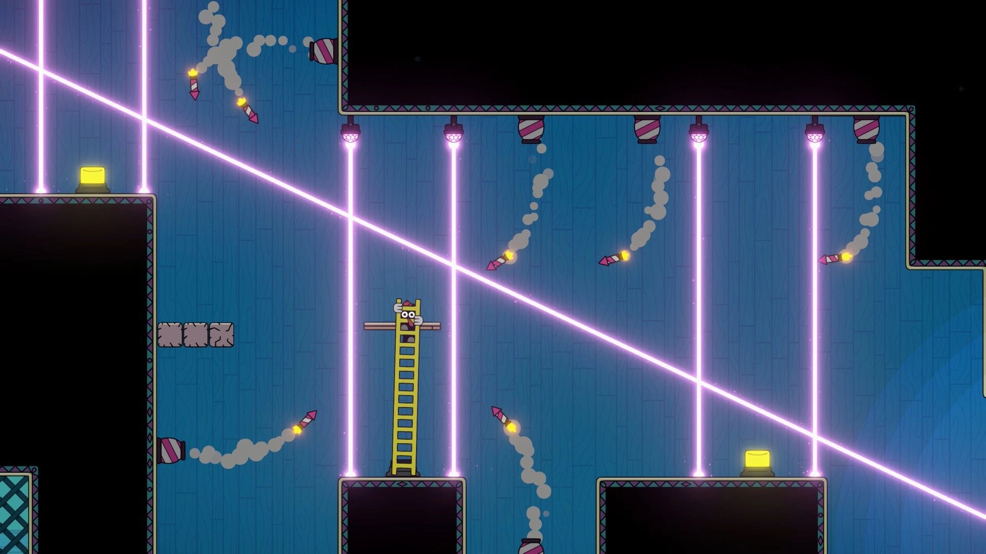 Ladder Lad: Ladder character balances on platform amid purple lasers, rockets, and yellow buttons in maze.