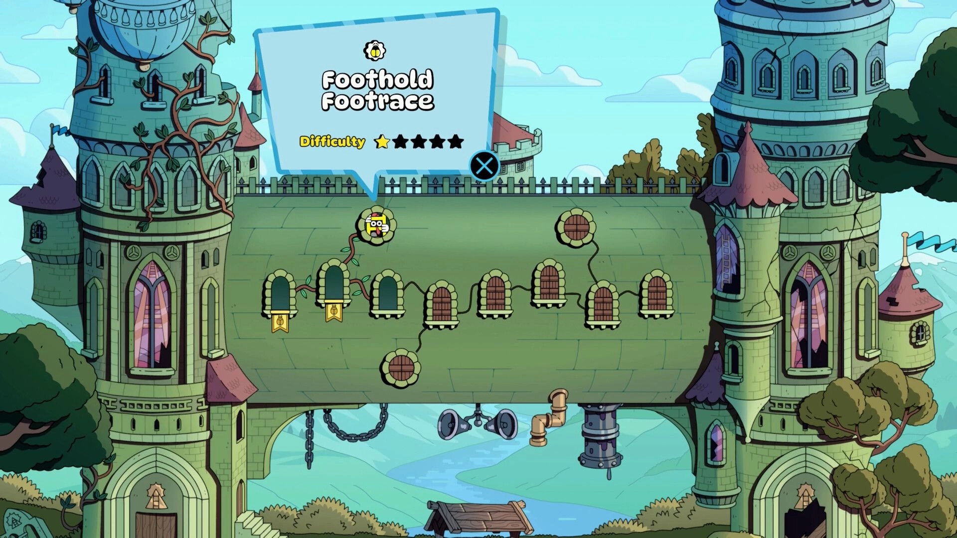Ladder Lad: Level map with Foothold Footrace popup and difficulty stars on a castle bridge walkway.
