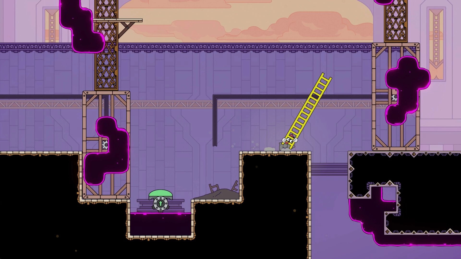 Ladder Lad: Yellow ladder hero tips over a ledge in purple ruins with black void pits and goo blobs.