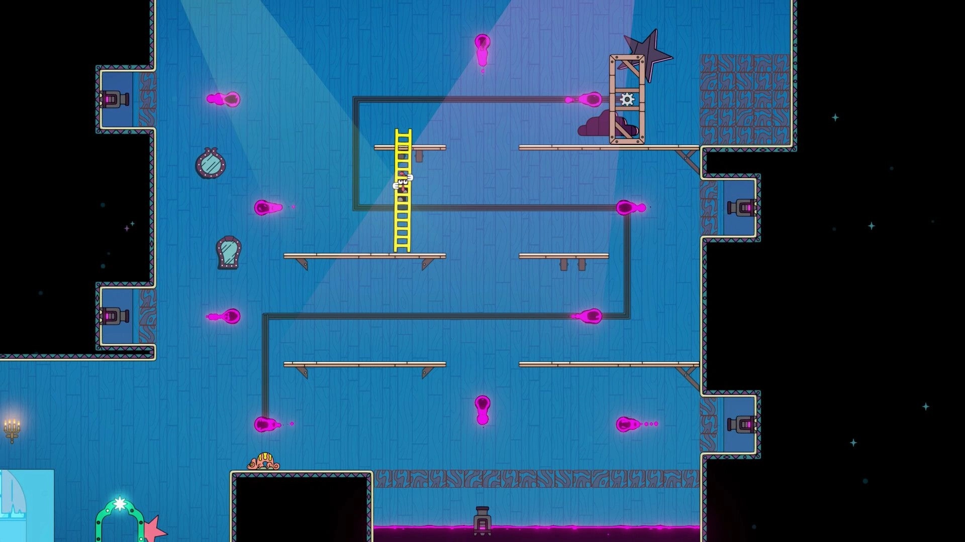 Ladder Lad: Player clings to a yellow ladder amid purple hazards and platforms in a blue maze room.