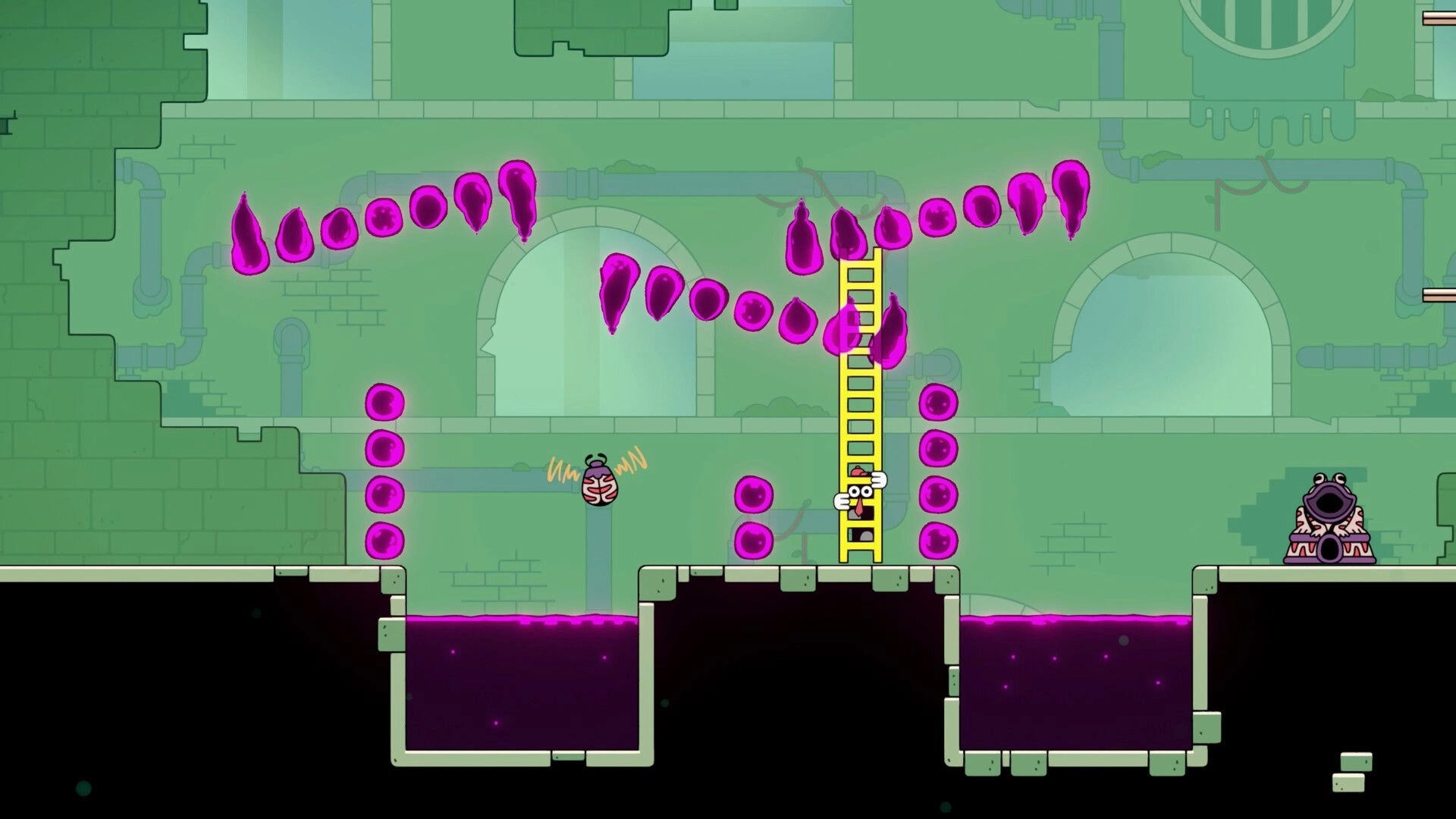 Ladder Lad: Player climbs a tall yellow ladder past purple blobs over toxic pools in sewer ruins.