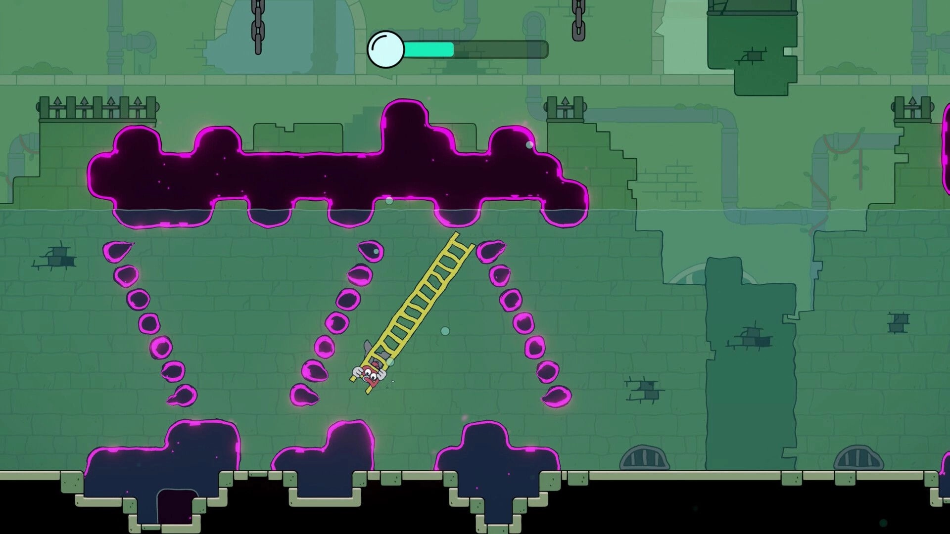 Ladder Lad: Wobbling ladder character dodges purple goo blobs in green brick dungeon with meter UI.