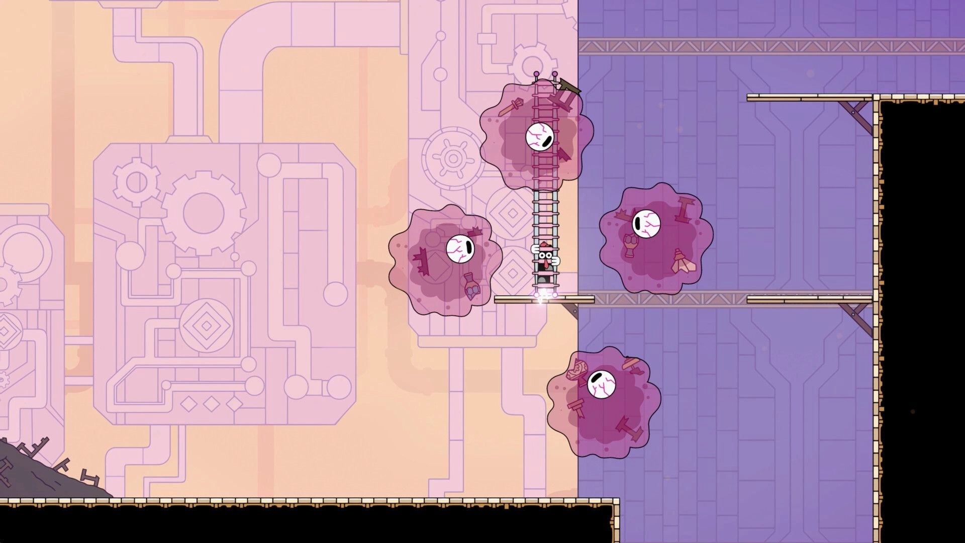 Ladder Lad: Player climbs a tall ladder past purple goo hazards in a mechanical factory platform room.