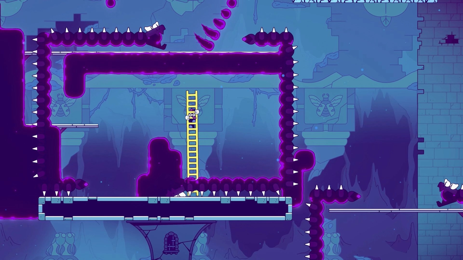 Ladder Lad: Lad clings to a tall yellow ladder amid purple spike walls in a blue stone temple cavern.