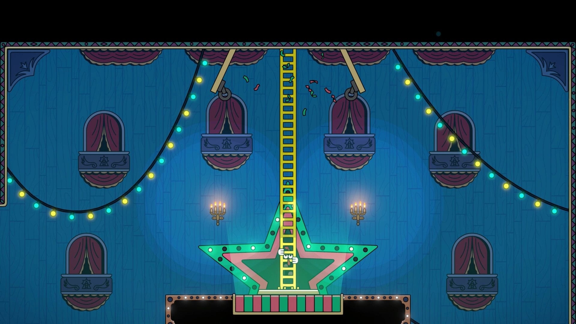 Ladder Lad: Tiny character climbs yellow ladder on star platform inside a theater with balconies and lights.